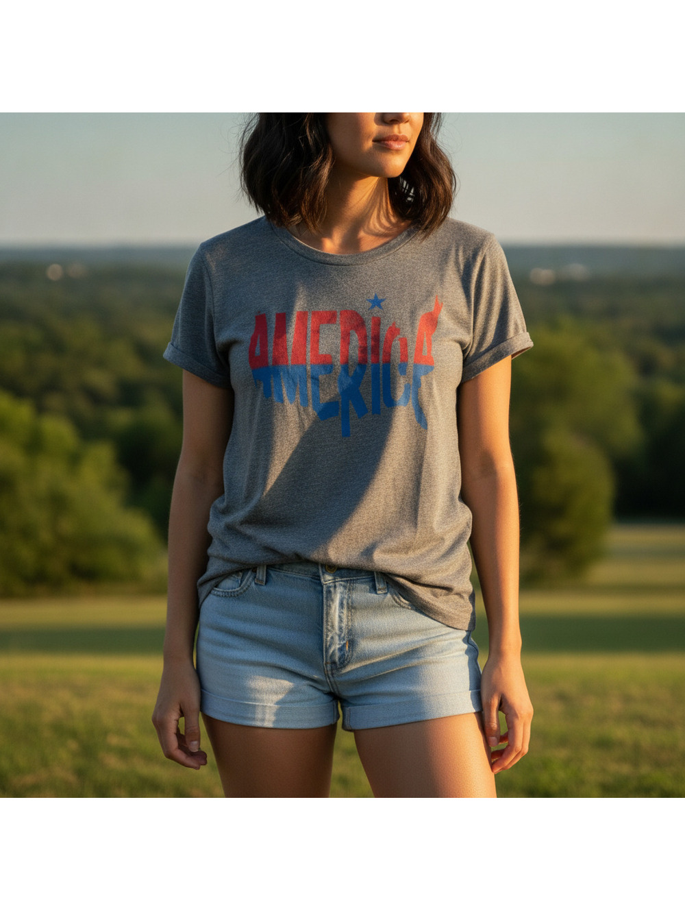 State of Mine Gray 'America' Graphic Tee, Size L, Lightweight & Comfy
